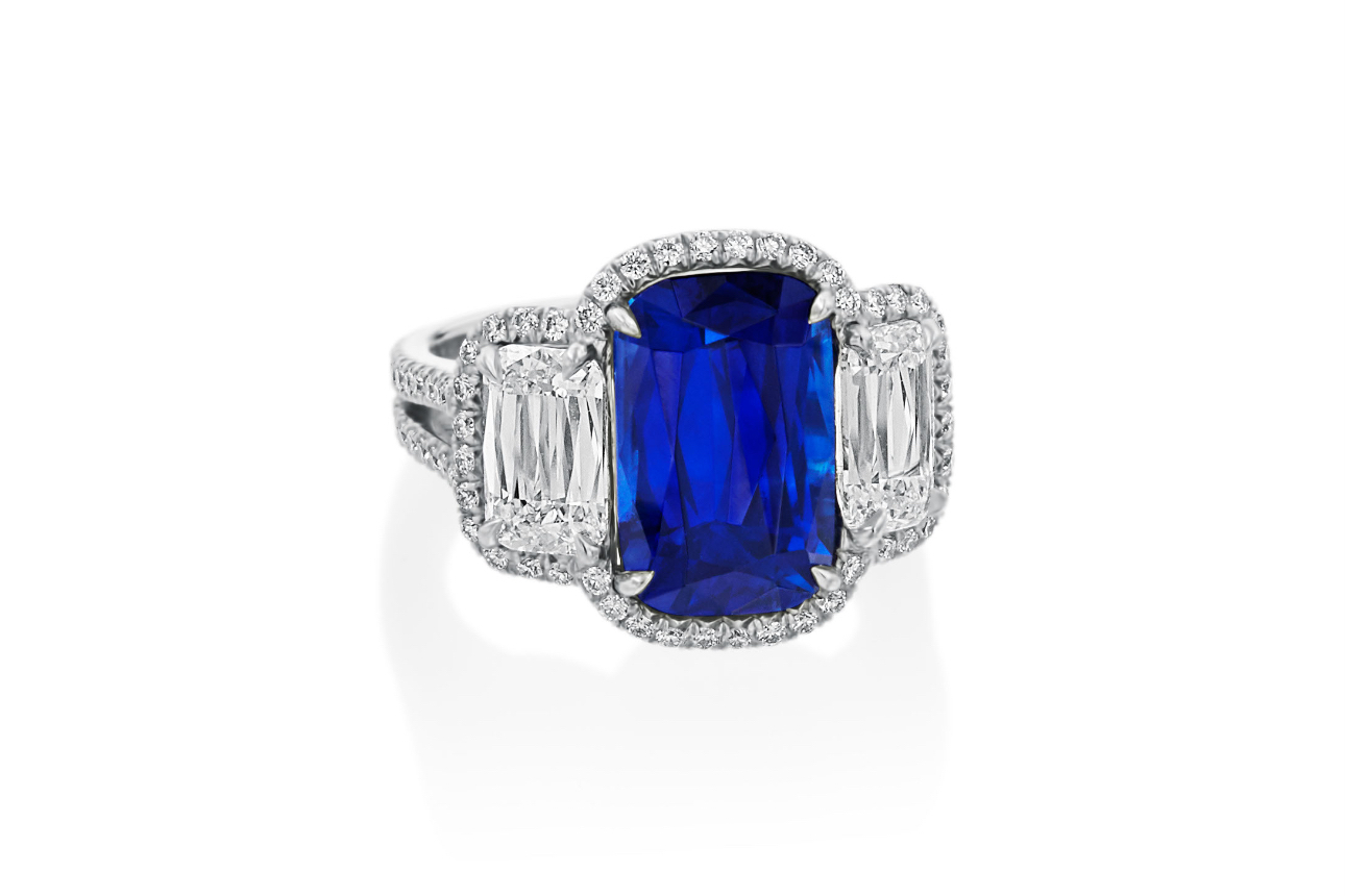 Sapphire and ASHOKA® Diamond Micropave Trilogy Ring