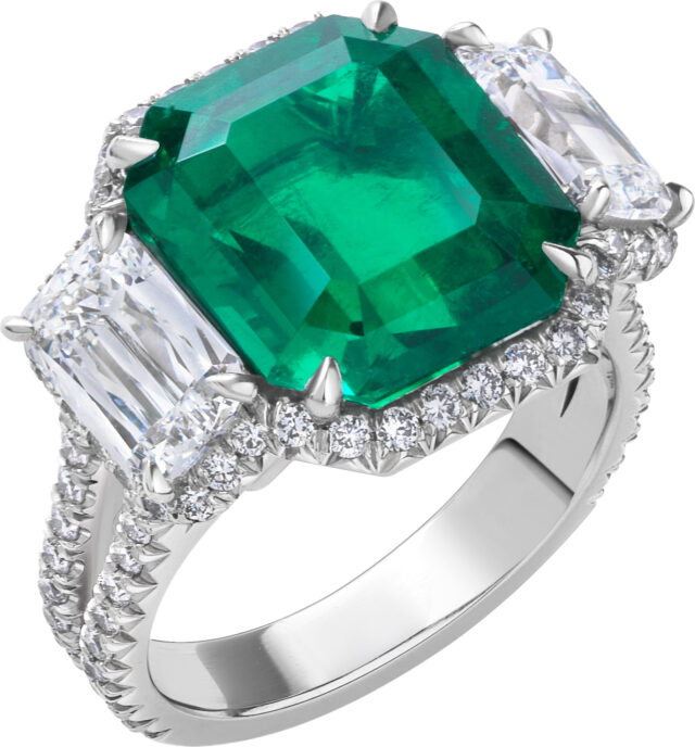 Ashoka and emerald cut emerald micropave trilogy ring r6574 v2