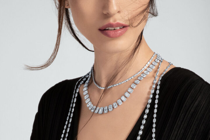 ASHOKA Diamond layered tennis necklace, micropave aero necklace and lili chain necklaces on model
