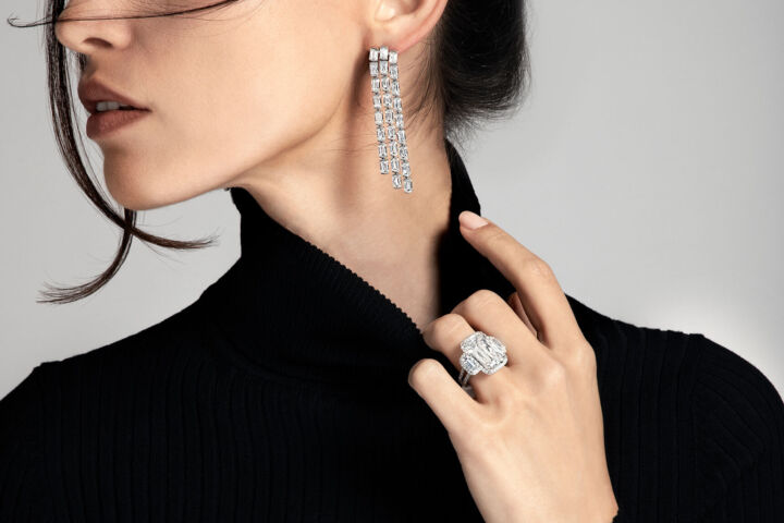 ASHOKA diamond triple row chandelier earrings and micropave trilogy ring